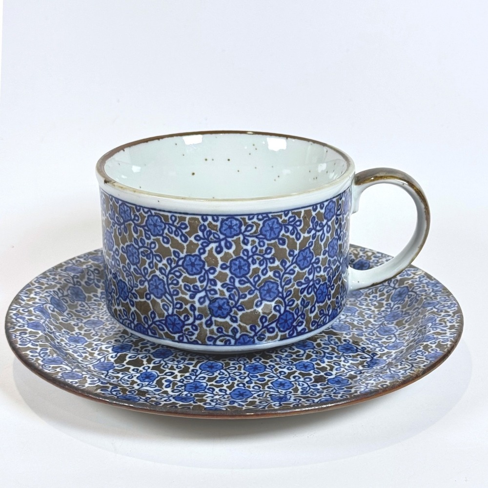 Vintage Takahashi Japan Soup Mug & Saucer Blue Floral Speckled Stoneware 1970s